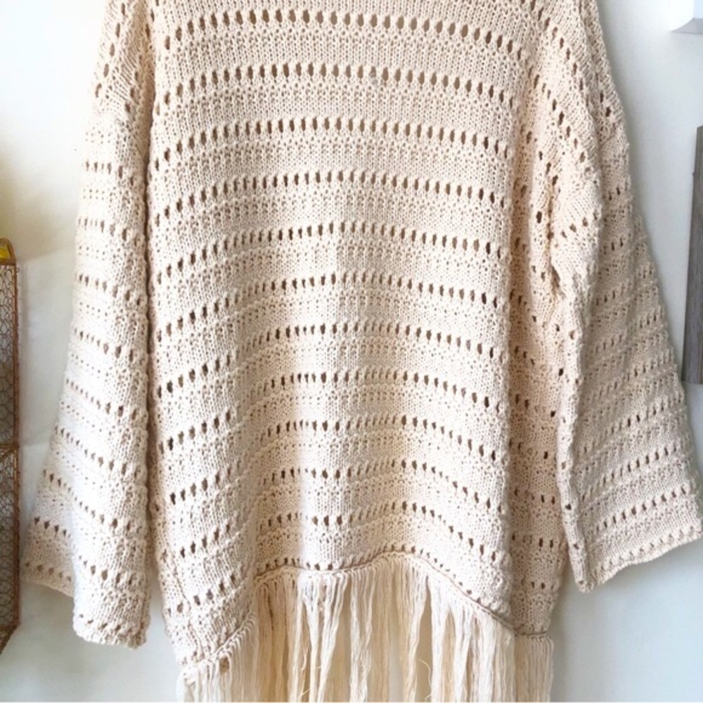 Crochet Knit Fringe Cardigan Boho Dreams by Gilli Natural Beige Size Medium - Picture 8 of 14